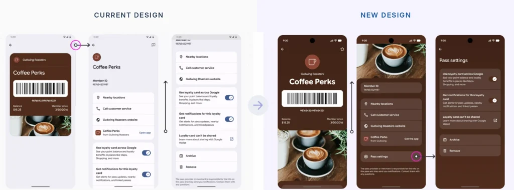 Current Google Wallet pass design compared with the previewed redesigned pass experience