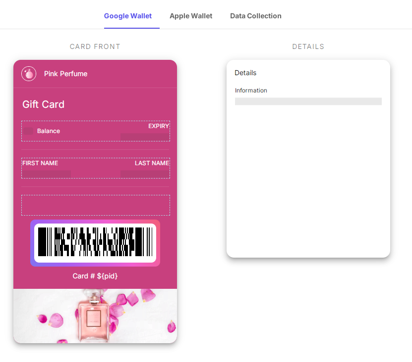 PassKit editor showing a digital gift card with a balance, expiration date and barcode for Google Wallet