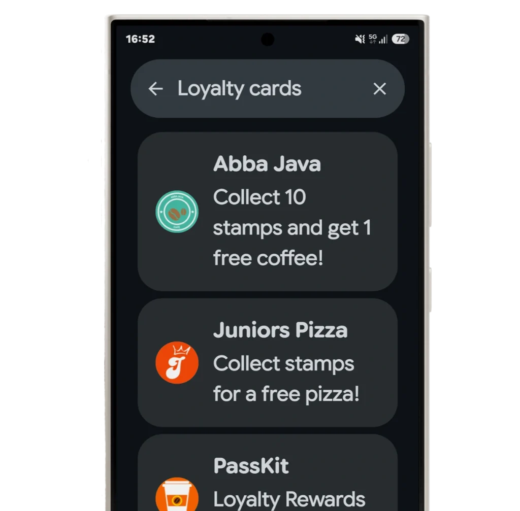Google Wallet’s redesigned View more screen showing loyalty cards in the searchable pass library.