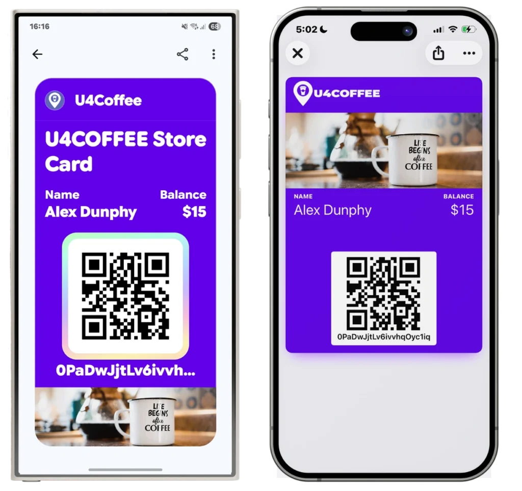 PassKit digital gift card with a balance and QR code in Apple Wallet and Google Wallet