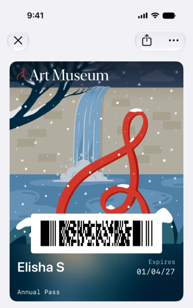 Which Loyalty Platforms Offer Both QR and NFC Wallet Pass Options? 2 Art museum membership loyalty pass in Apple Wallet with a scannable barcode.