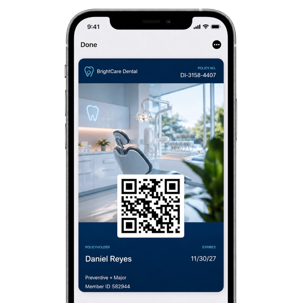 Dental digital insurance card in a mobile wallet