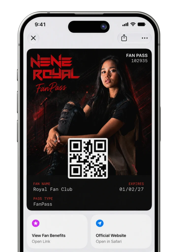 Mobile Wallet Pass for Influencers & Fans: Uses and Examples 4 Nene Royal’s fan pass for Apple Wallet and Google Wallet.