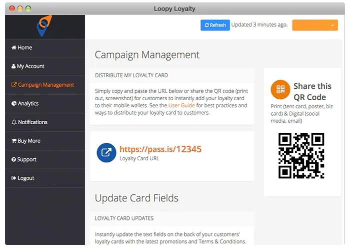Loopy Loyalty campaign dashboard with a sharing URL and QR code
