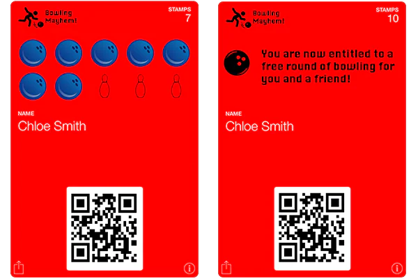 Bowling loyalty cards showing seven stamps and a completed reward