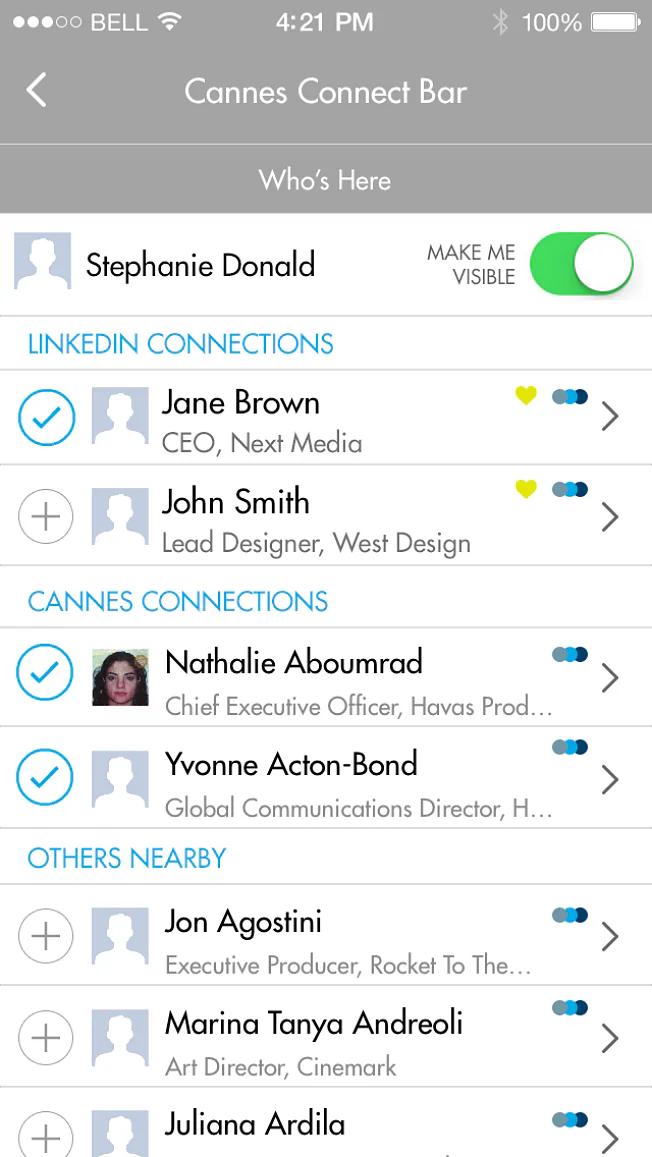 Cannes Connect app listing nearby attendees and LinkedIn connections