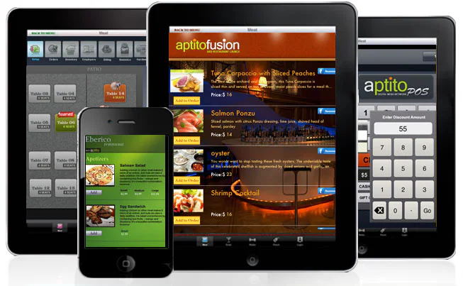 Point-of-sale interfaces displayed across iPads and an iPhone