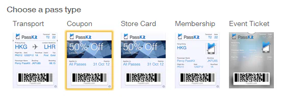 PassKit examples of transport, coupon, store, membership and event passes