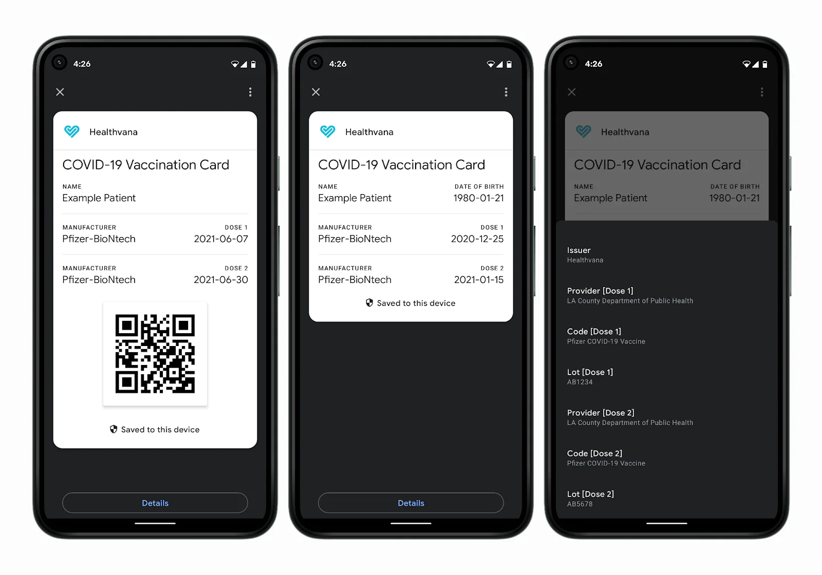 COVID-19 vaccination cards displayed on Android phones