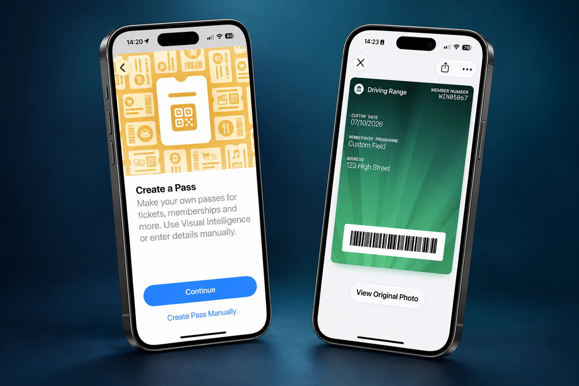 Two iPhone mockups showing the Apple Wallet Create a Pass screen and a finished customer-created Driving Range membership pass