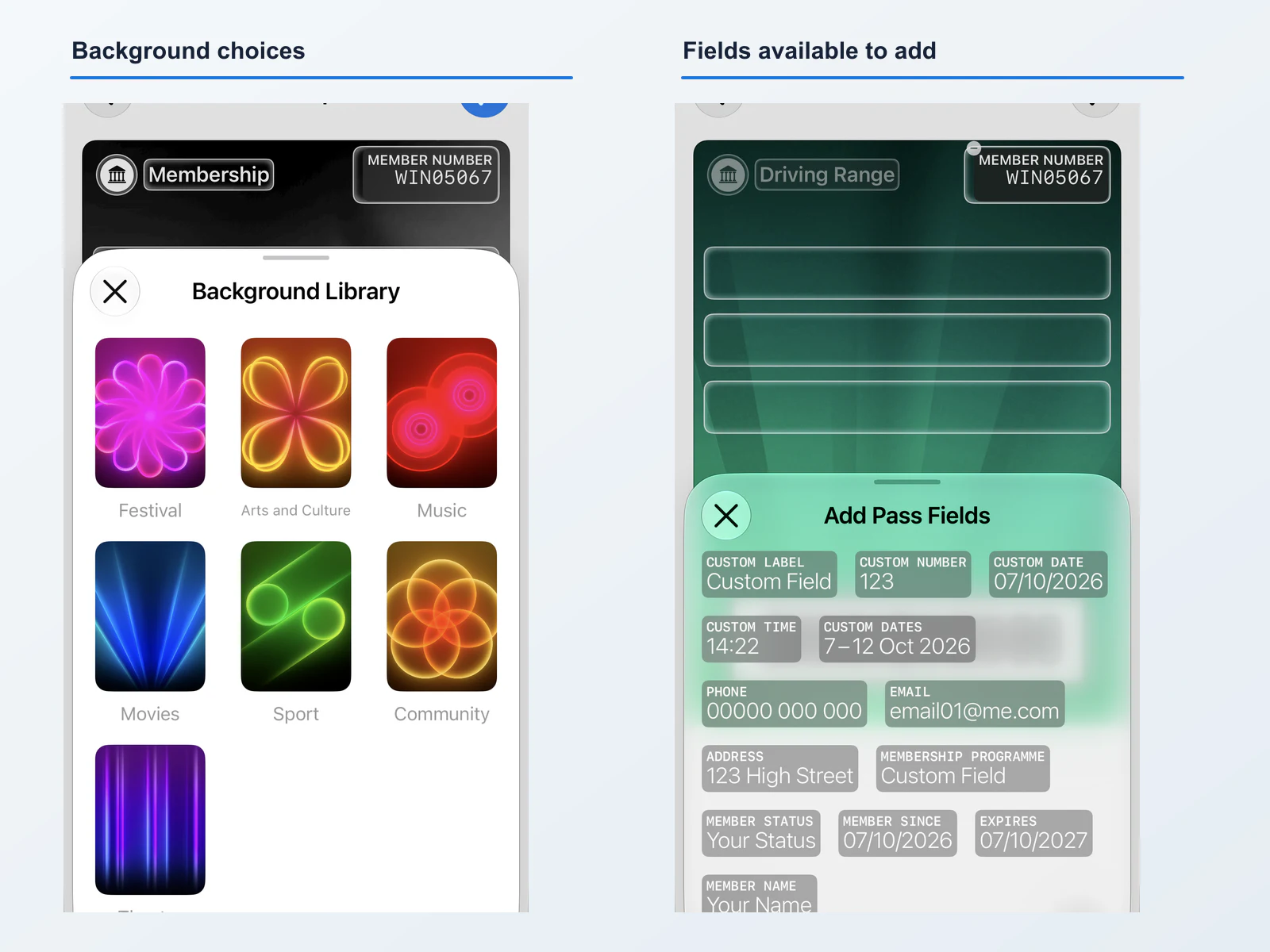 Apple Wallet screens showing background choices and the fields available to add when editing a customer-created pass