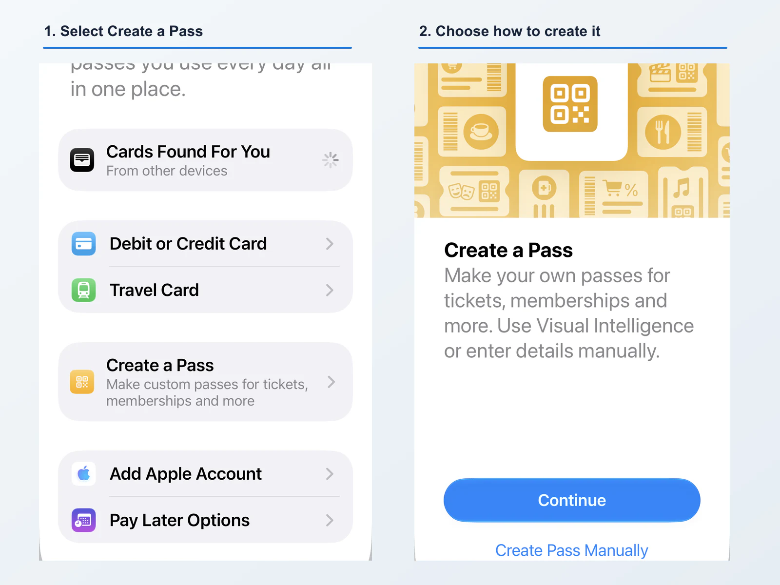 Apple Wallet screens showing the Create a Pass menu option and the Create a Pass introduction screen with Visual Intelligence and manual entry choices