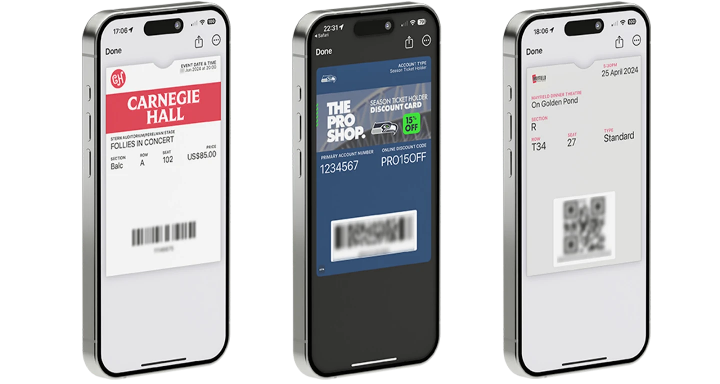 Three digital event tickets displayed on a phone