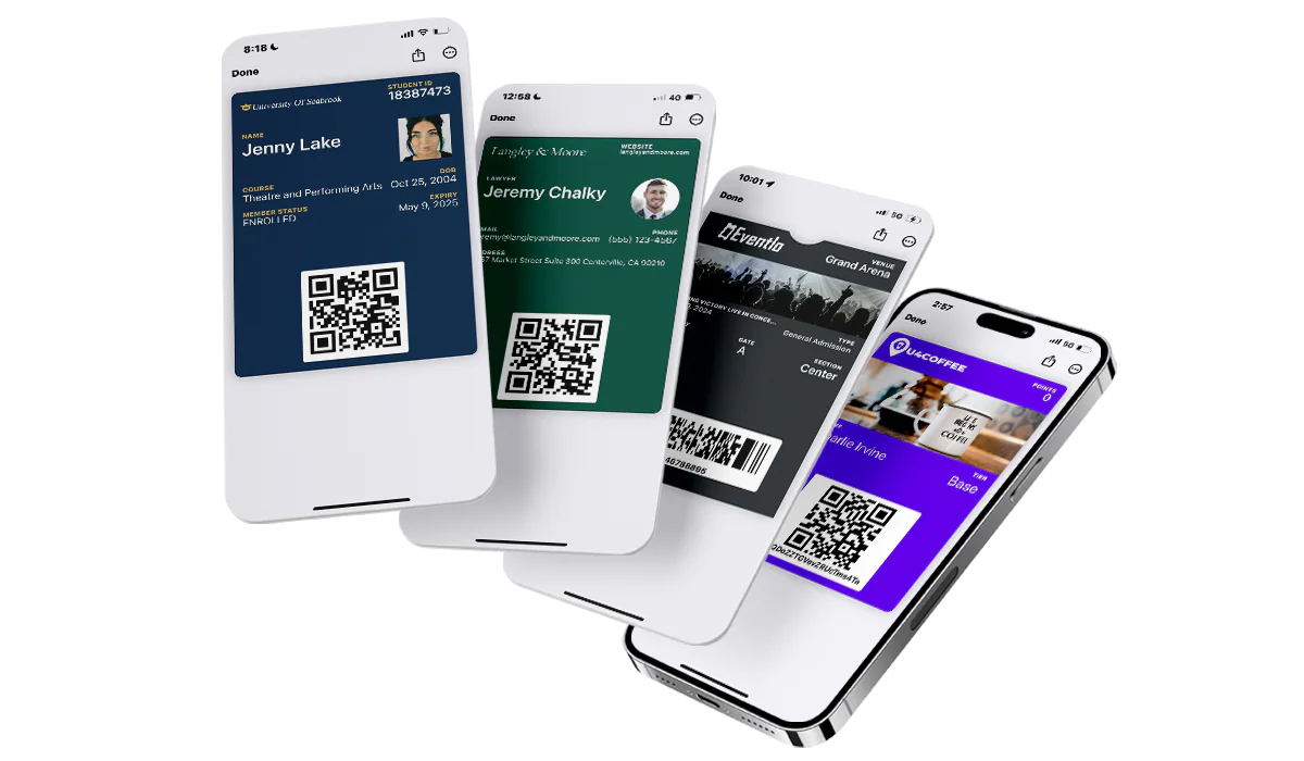 Four mobile wallet passes for student, membership, ticket and loyalty programmes