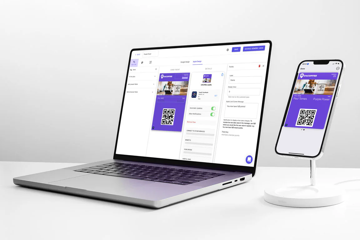 Laptop and phone displaying the PassKit membership card design interface