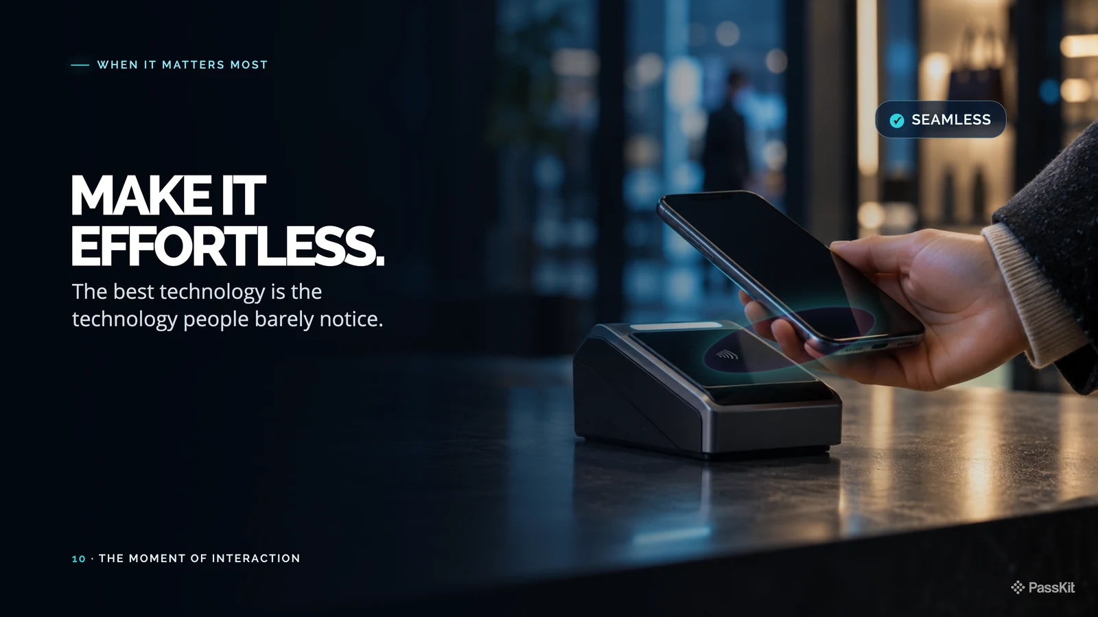 Customer presenting a smartphone at a contactless terminal