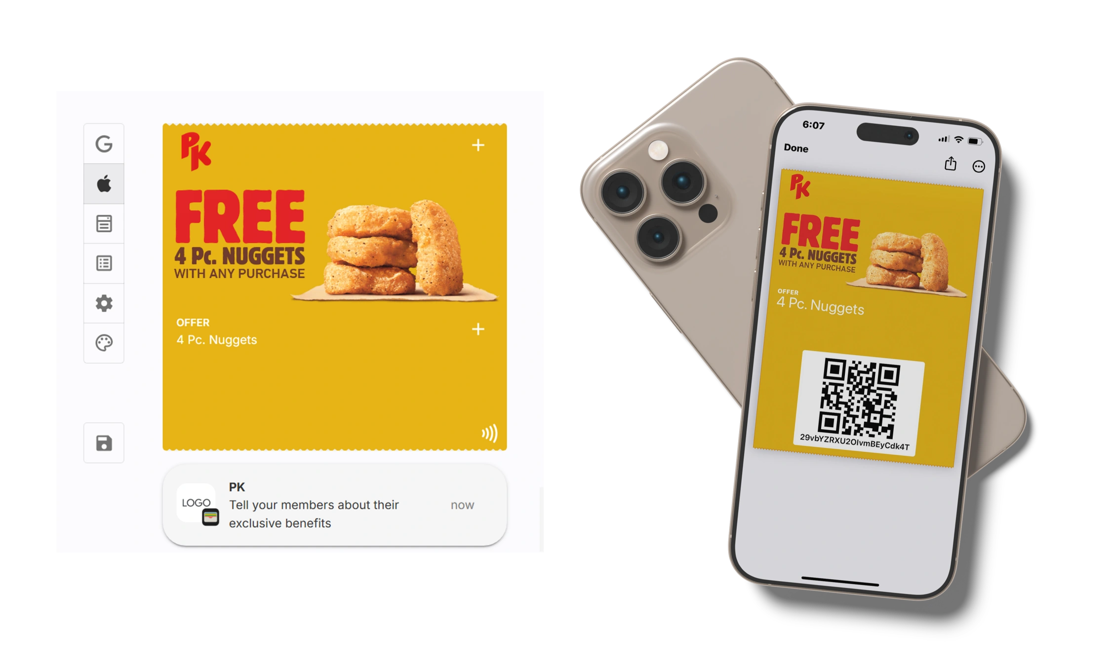 Digital coupon builder and smartphone wallet pass showing a free nuggets offer with QR code