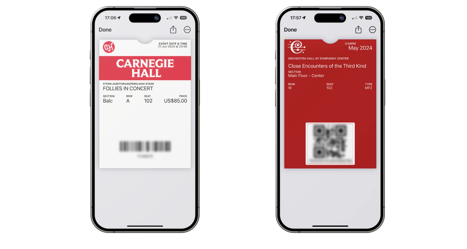 Digital event tickets displayed on mobile phones