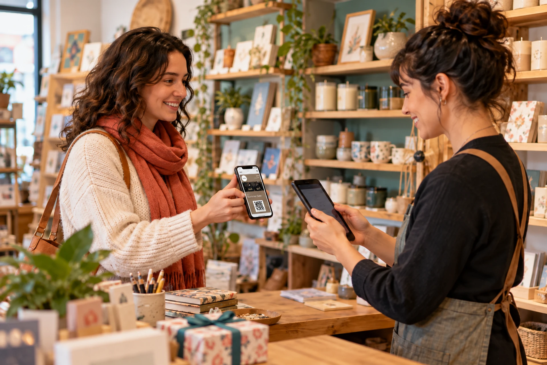 Gift shop employee helping a customer redeem a digital coupon in store