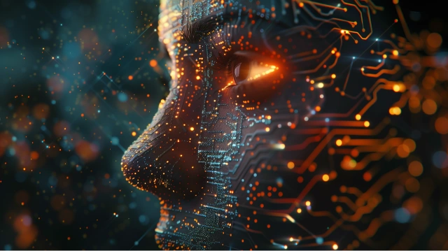 Stylised profile made from digital circuit patterns