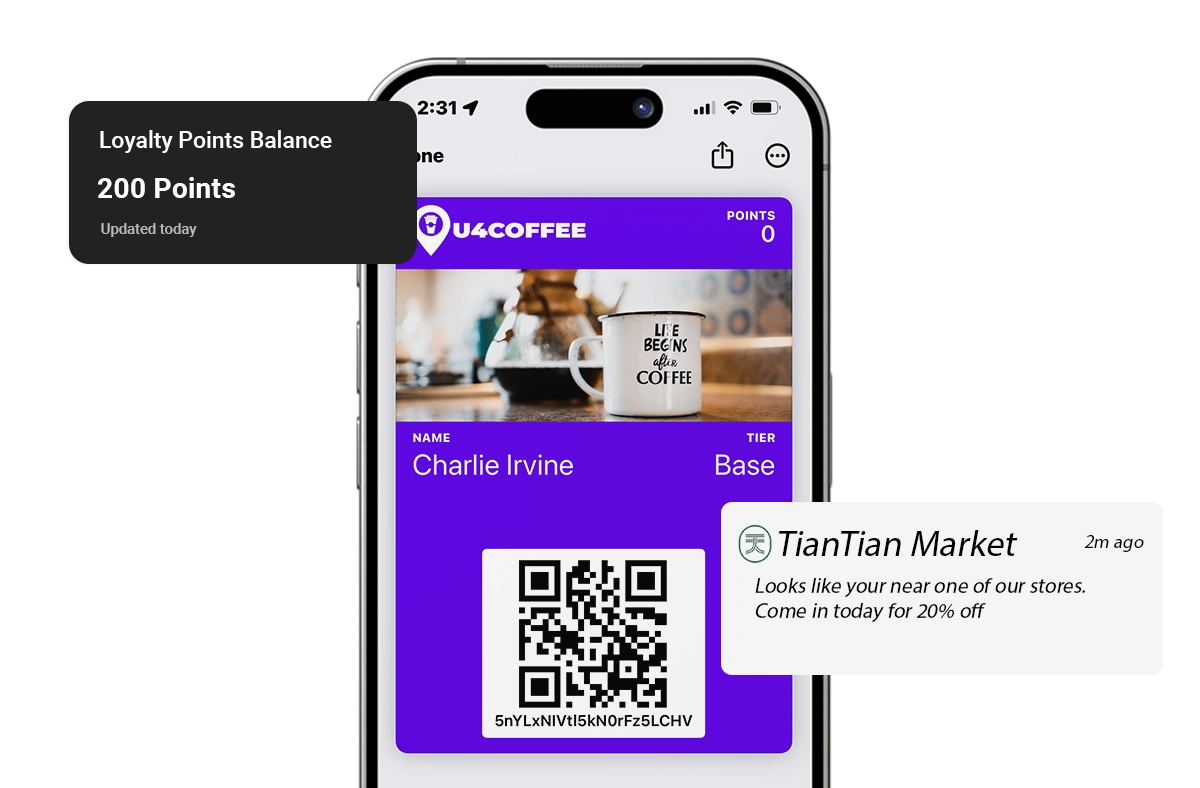 Mobile wallet pass showing an updated points balance and a location-based offer notification