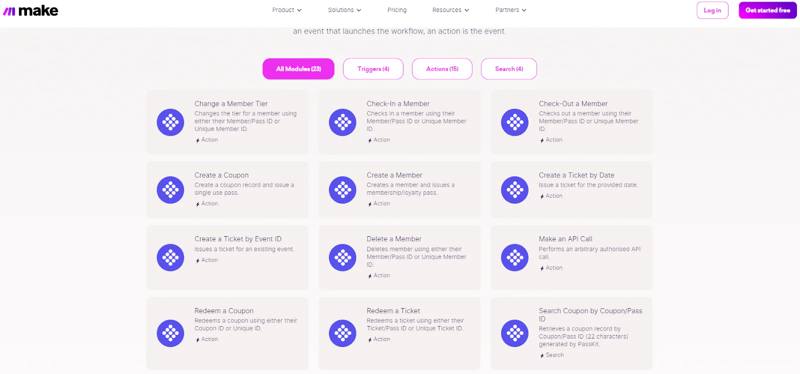 PassKit actions available in a Make automation workflow
