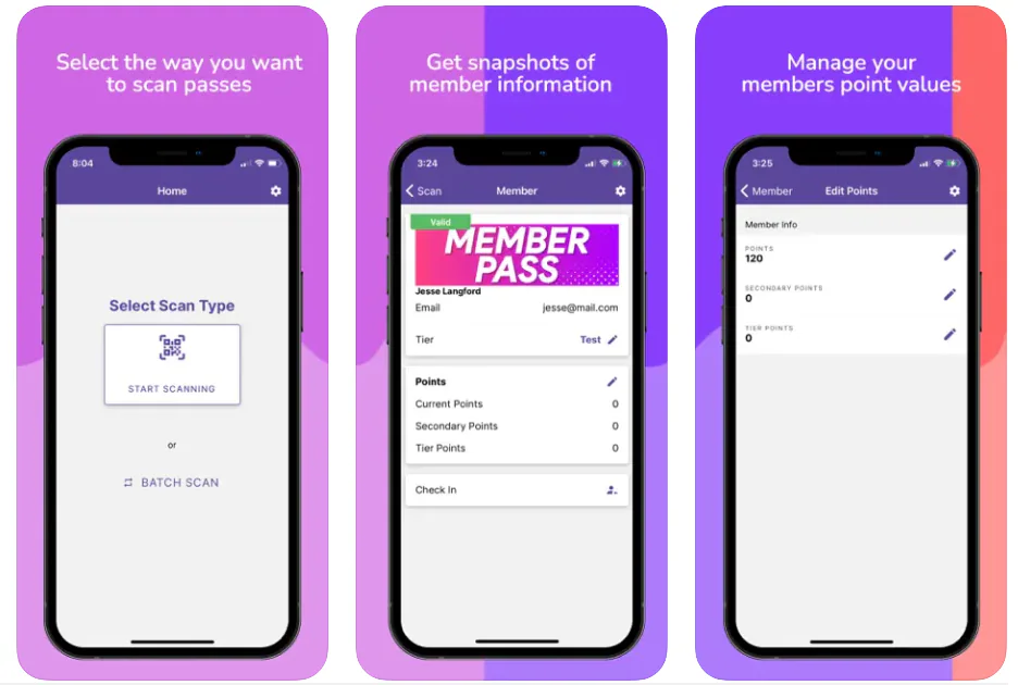 PassReader screens for scanning a wallet pass and viewing member details