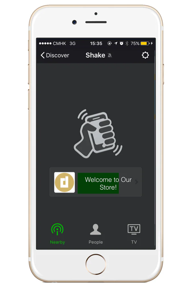 WeChat Shake screen showing a Welcome to Our Store message