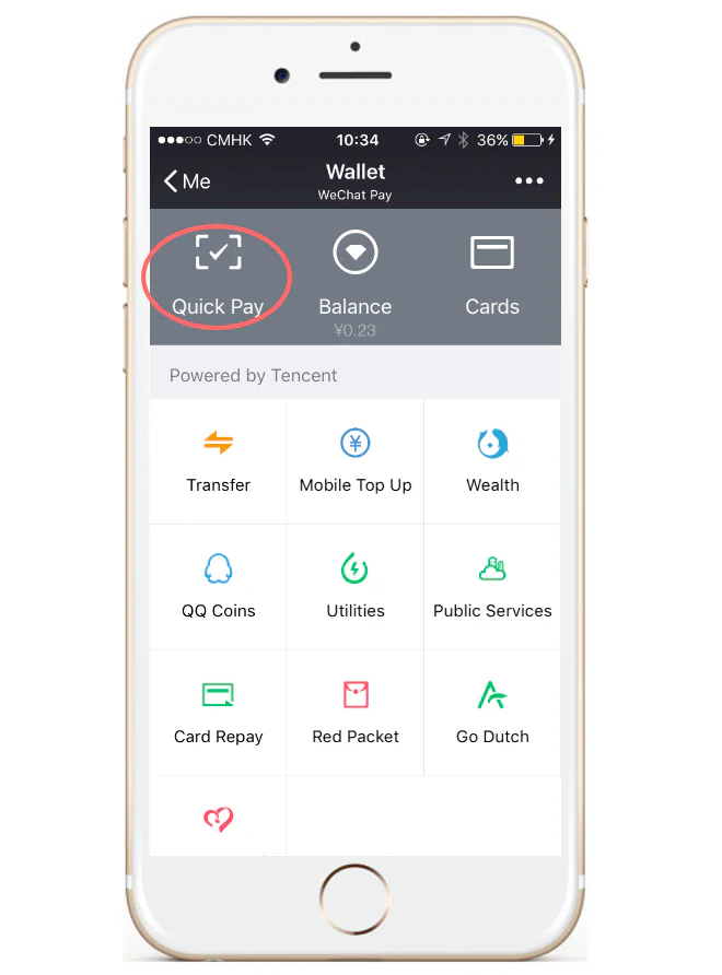 WeChat Wallet screen with Quick Pay circled