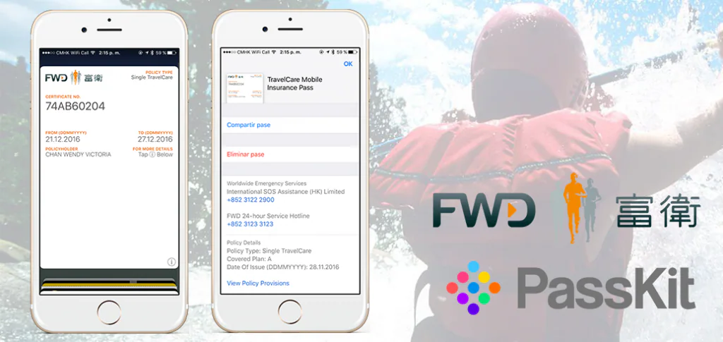 FWD travel insurance passes on two phones beside a rafting image and FWD and PassKit logos