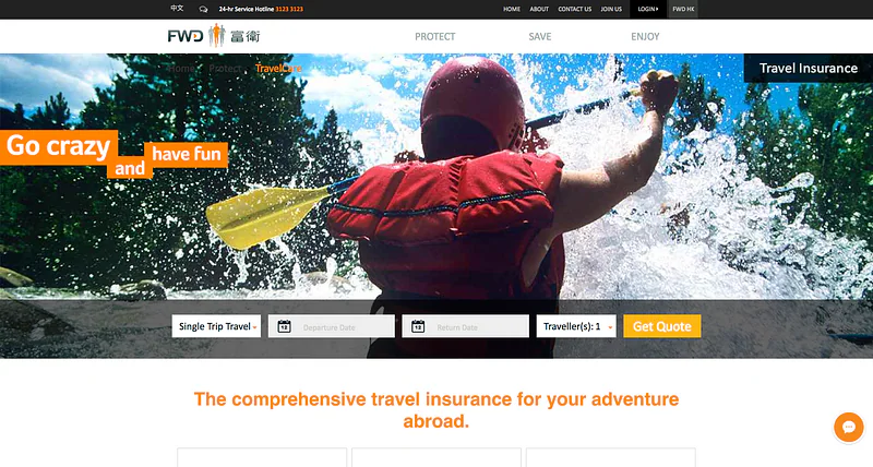 FWD TravelCare website with travel date fields and a Get Quote button