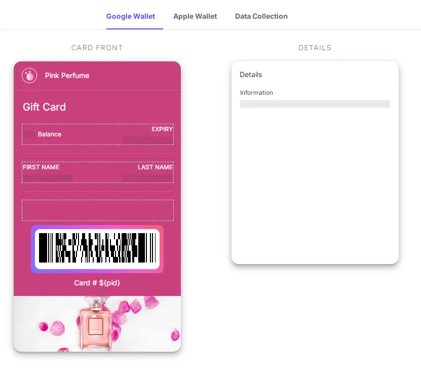 PassKit editor showing a digital gift card with a balance, expiration date and barcode for Google Wallet