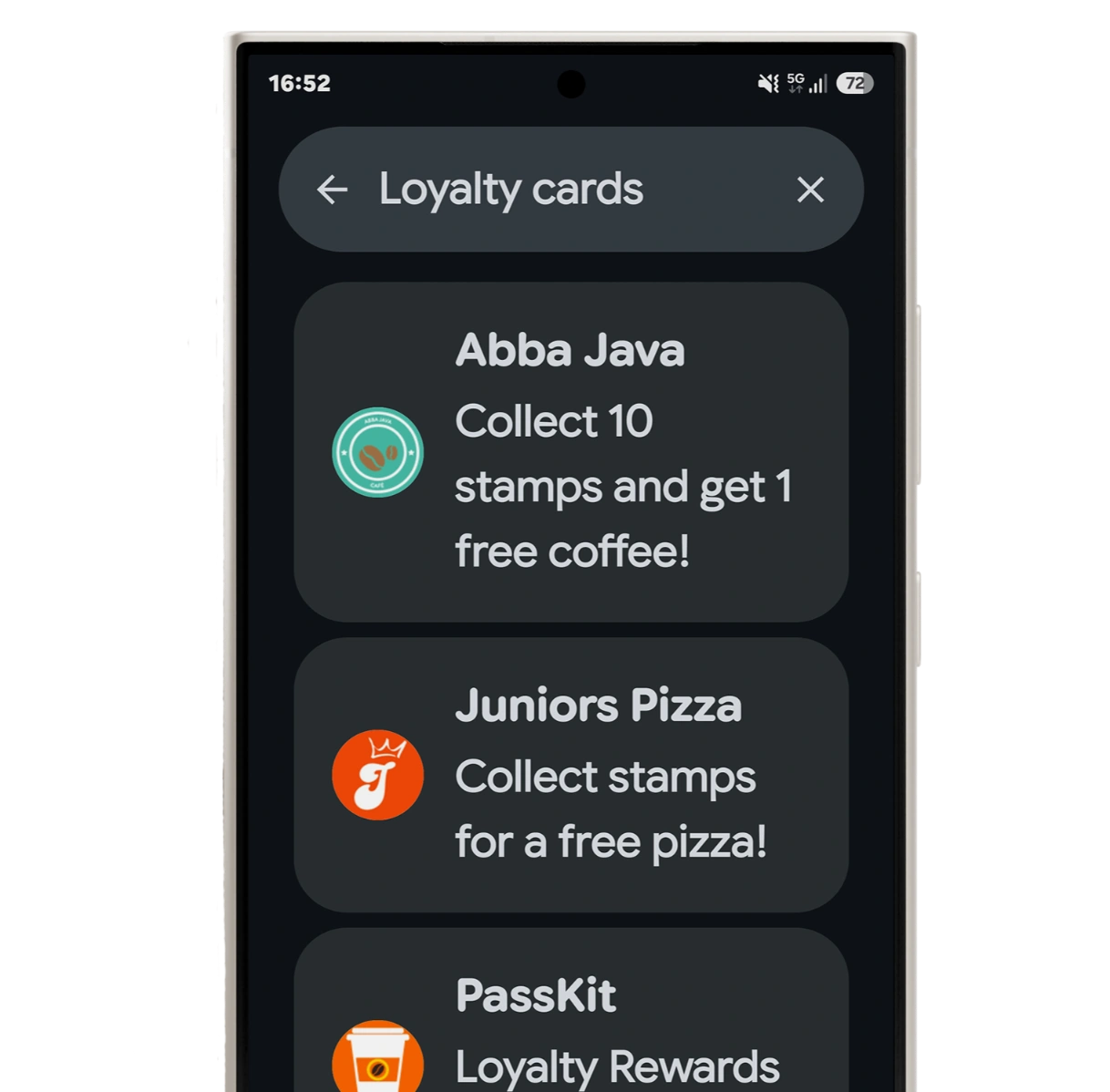 Google Wallet View more screen showing searchable loyalty cards