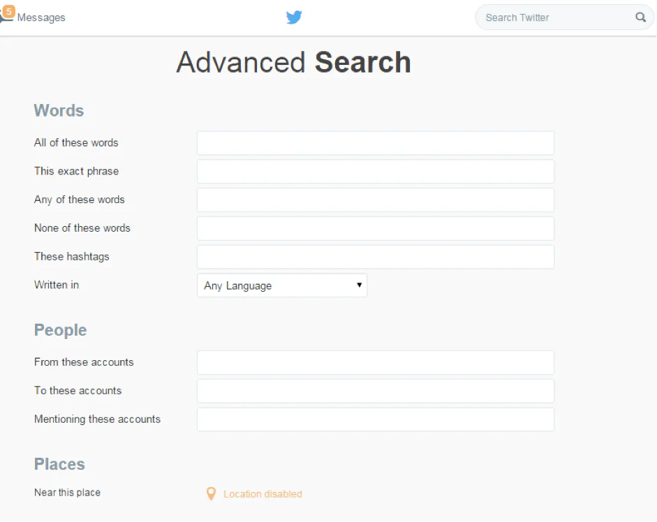 Twitter Advanced Search form with words, people and places filters