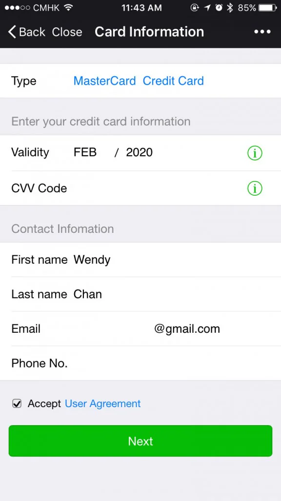 WeChat cardholder information form