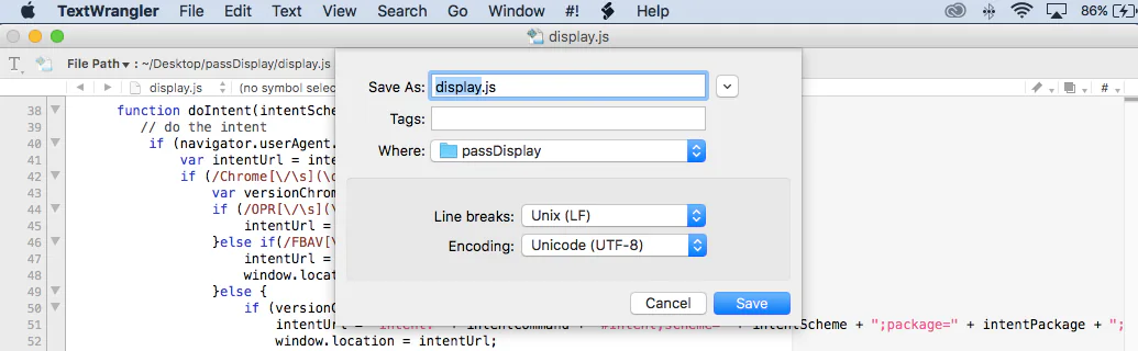 TextWrangler Save As dialog naming display.js in the PassDisplay folder