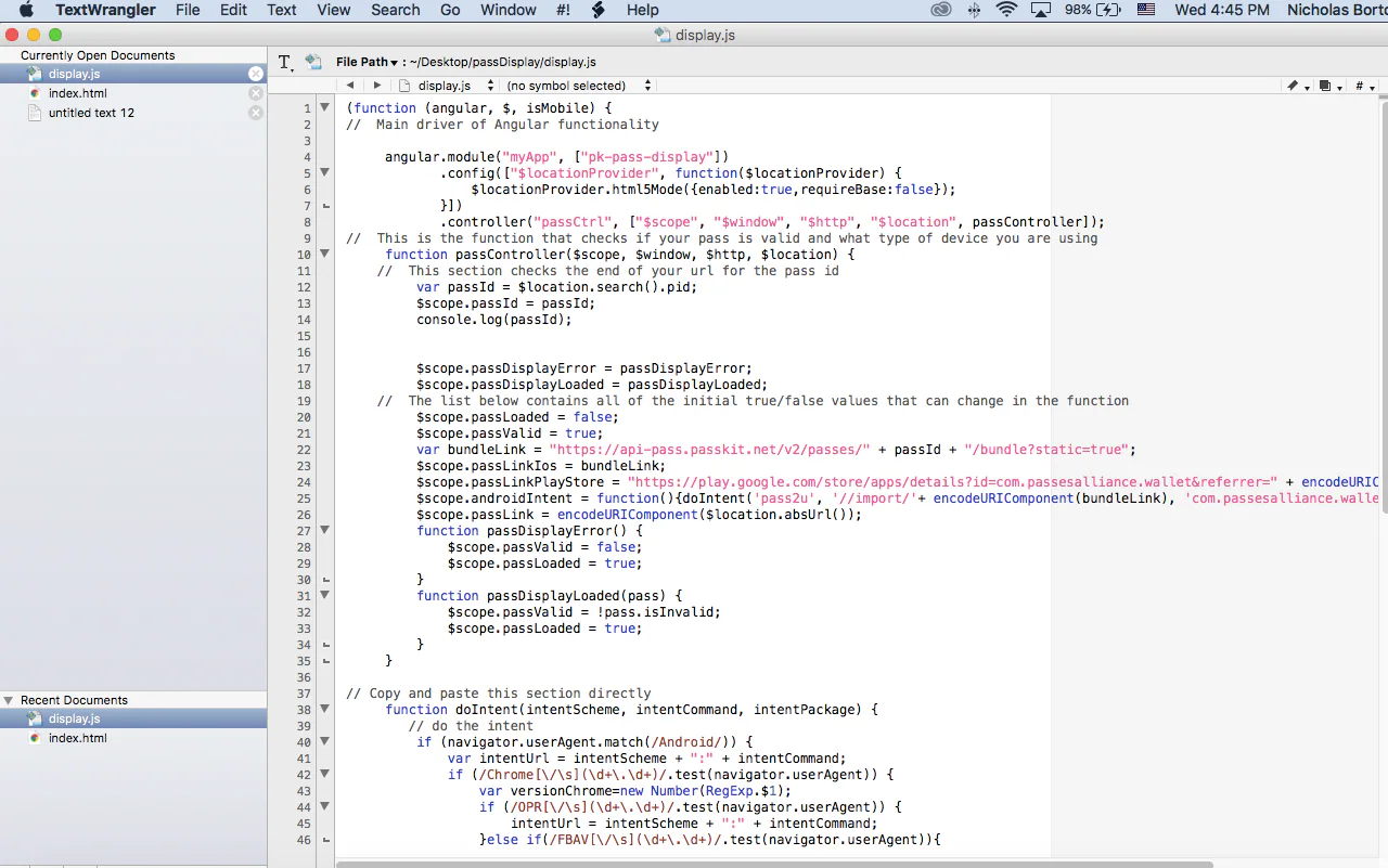 JavaScript pass-rendering code in TextWrangler