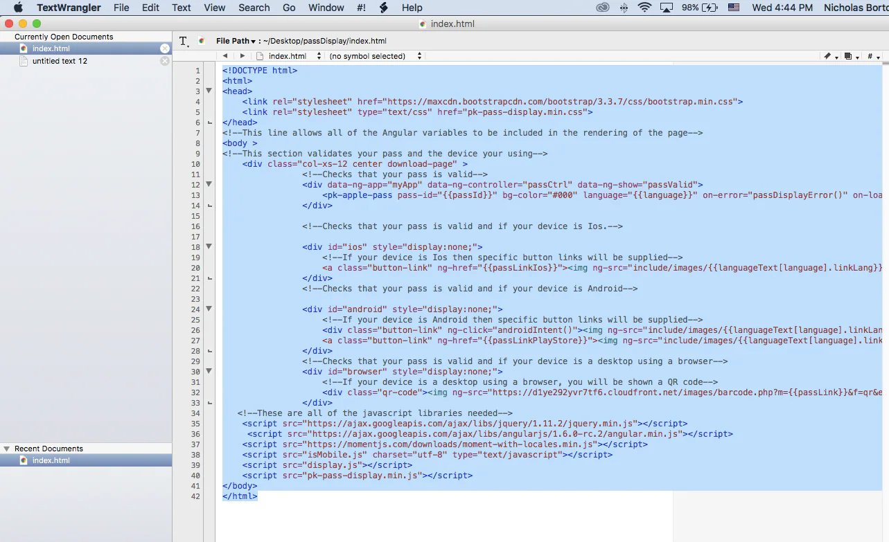 HTML markup for the pass-rendering page in TextWrangler