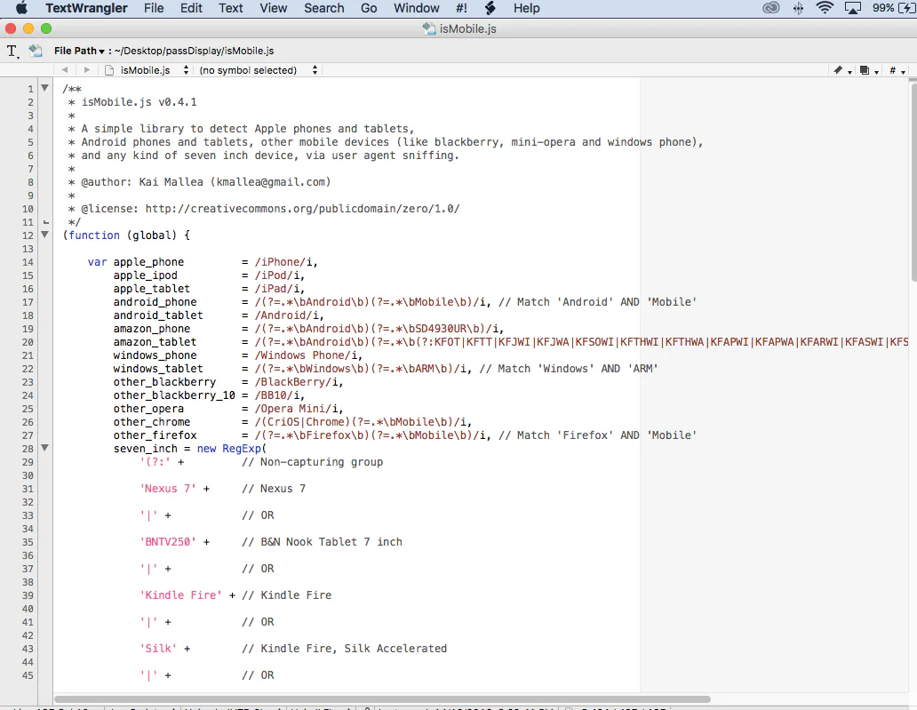 isMobile.js device-detection code in TextWrangler