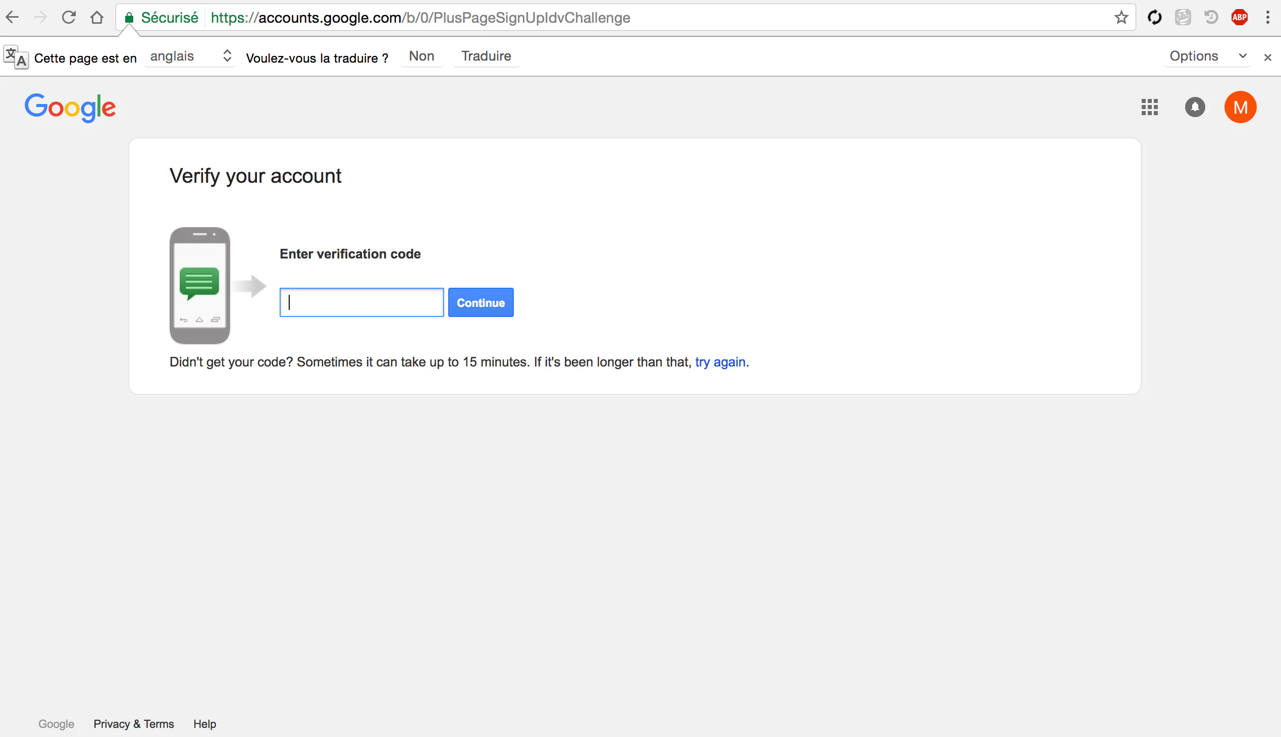 Google account screen requesting a verification code