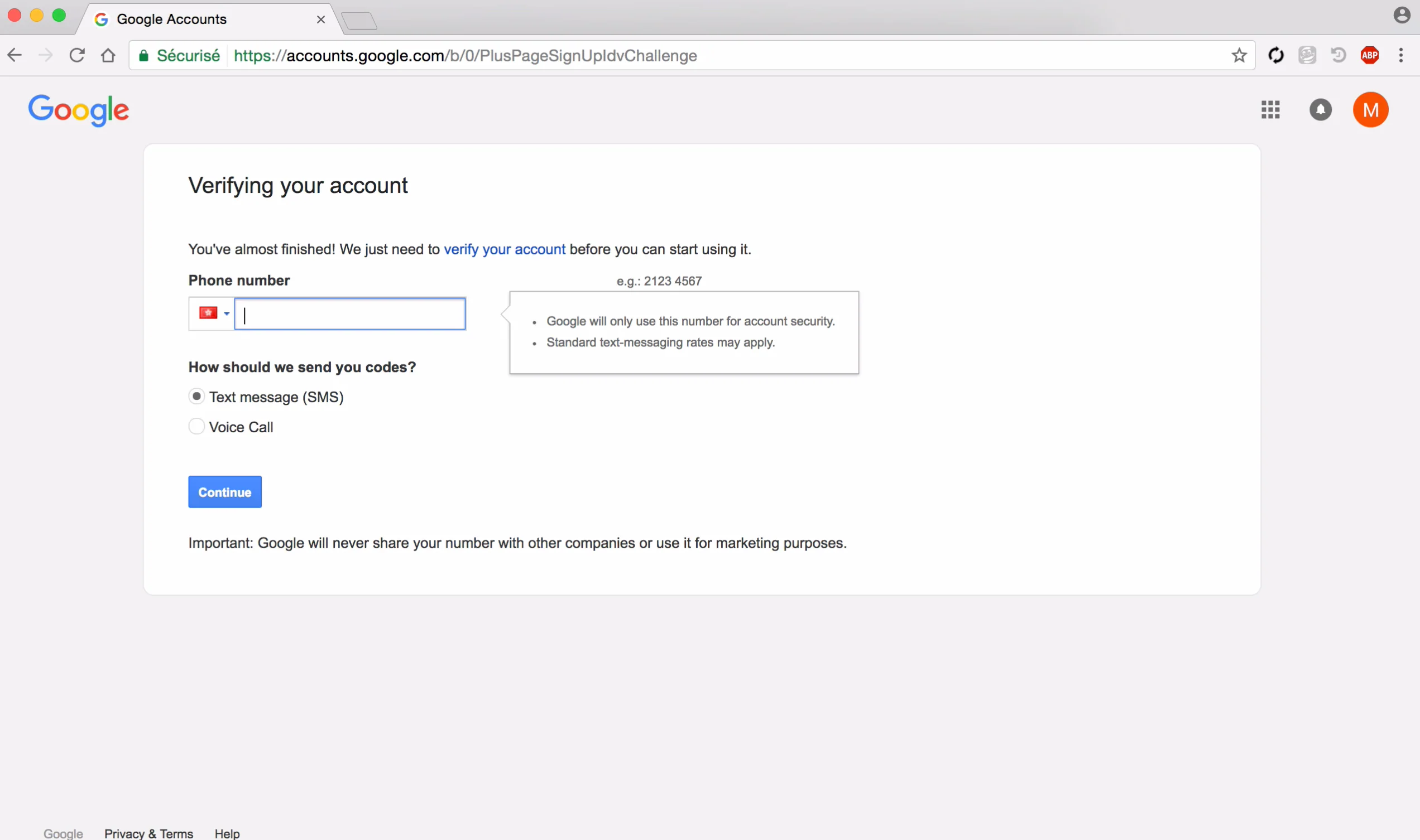 Google account verification screen offering a text message or voice call