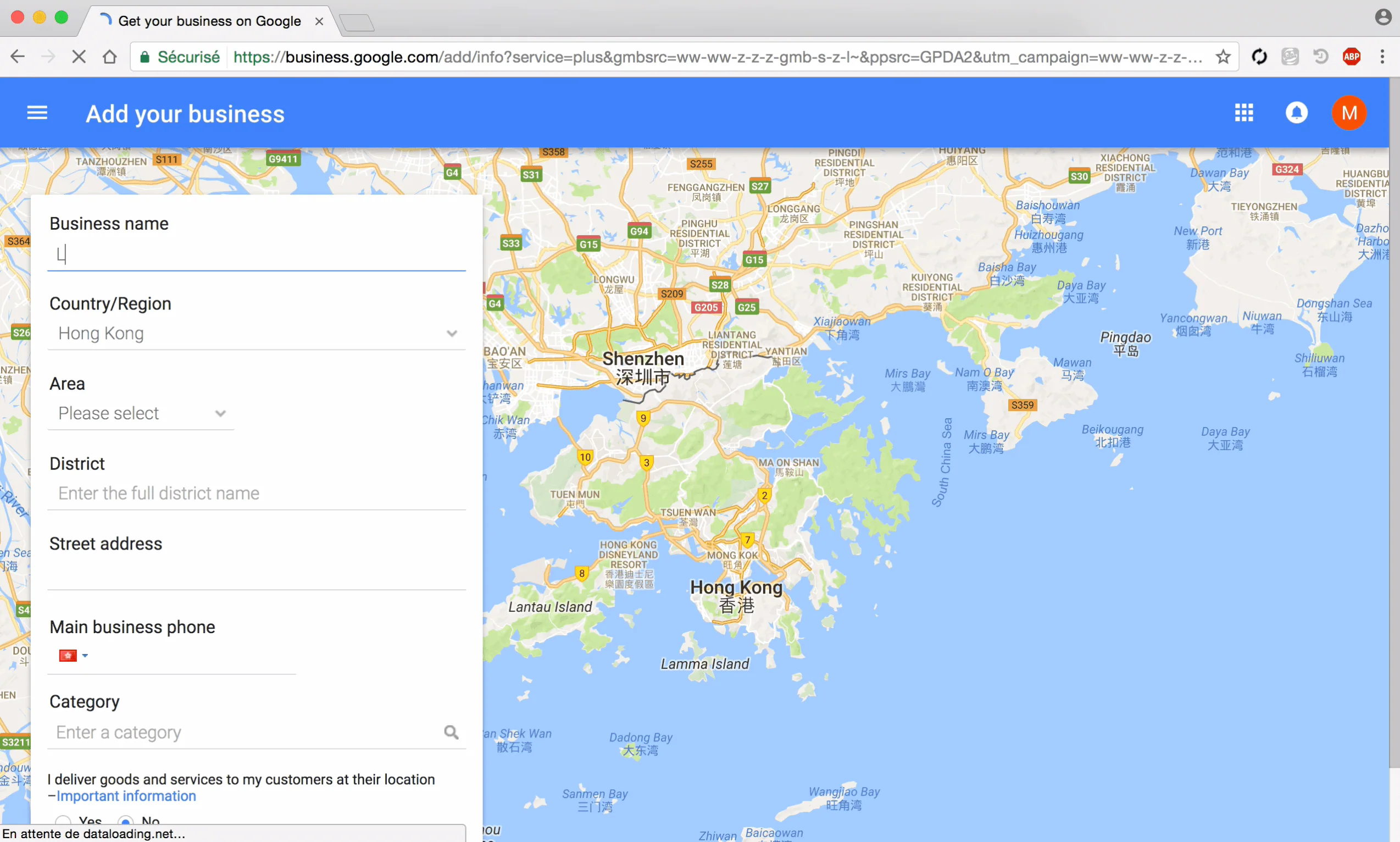 Google My Business form for adding business details beside a map