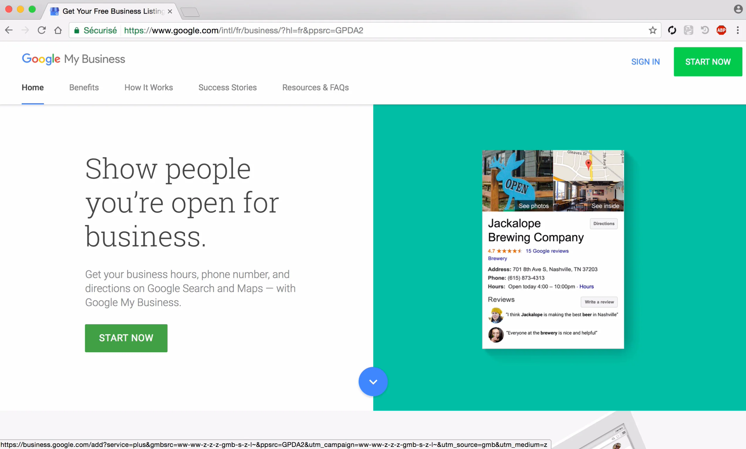 Google My Business landing page with the Start Now button