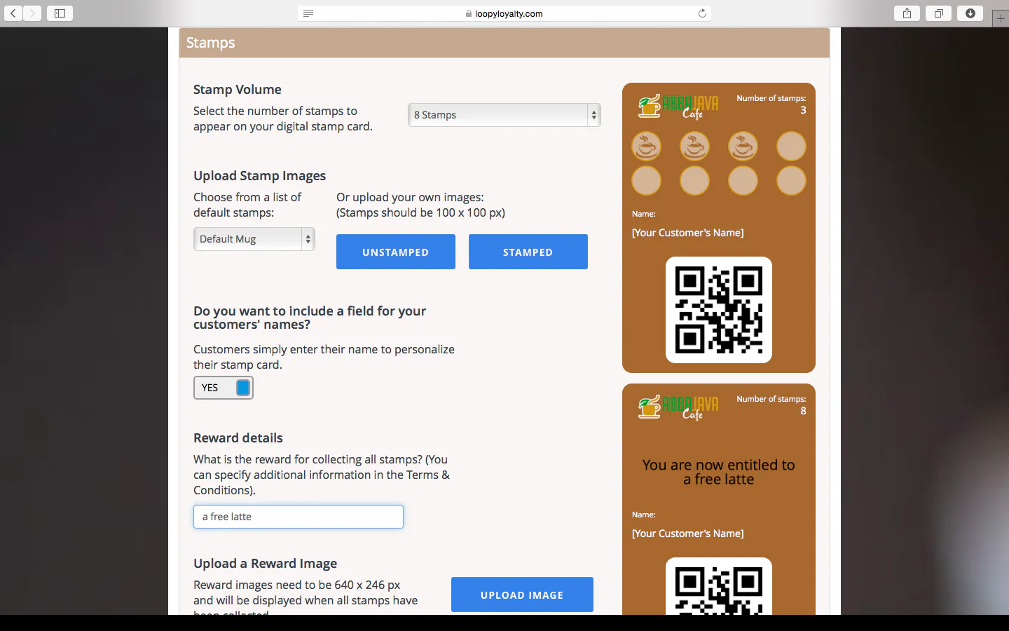 Loopy Loyalty stamp card designer showing stamps and reward settings