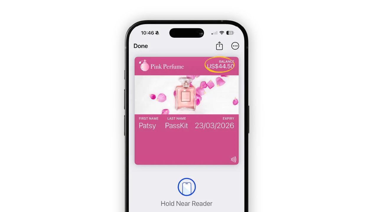 Pink Perfume digital gift card displayed in Apple Wallet with a remaining balance