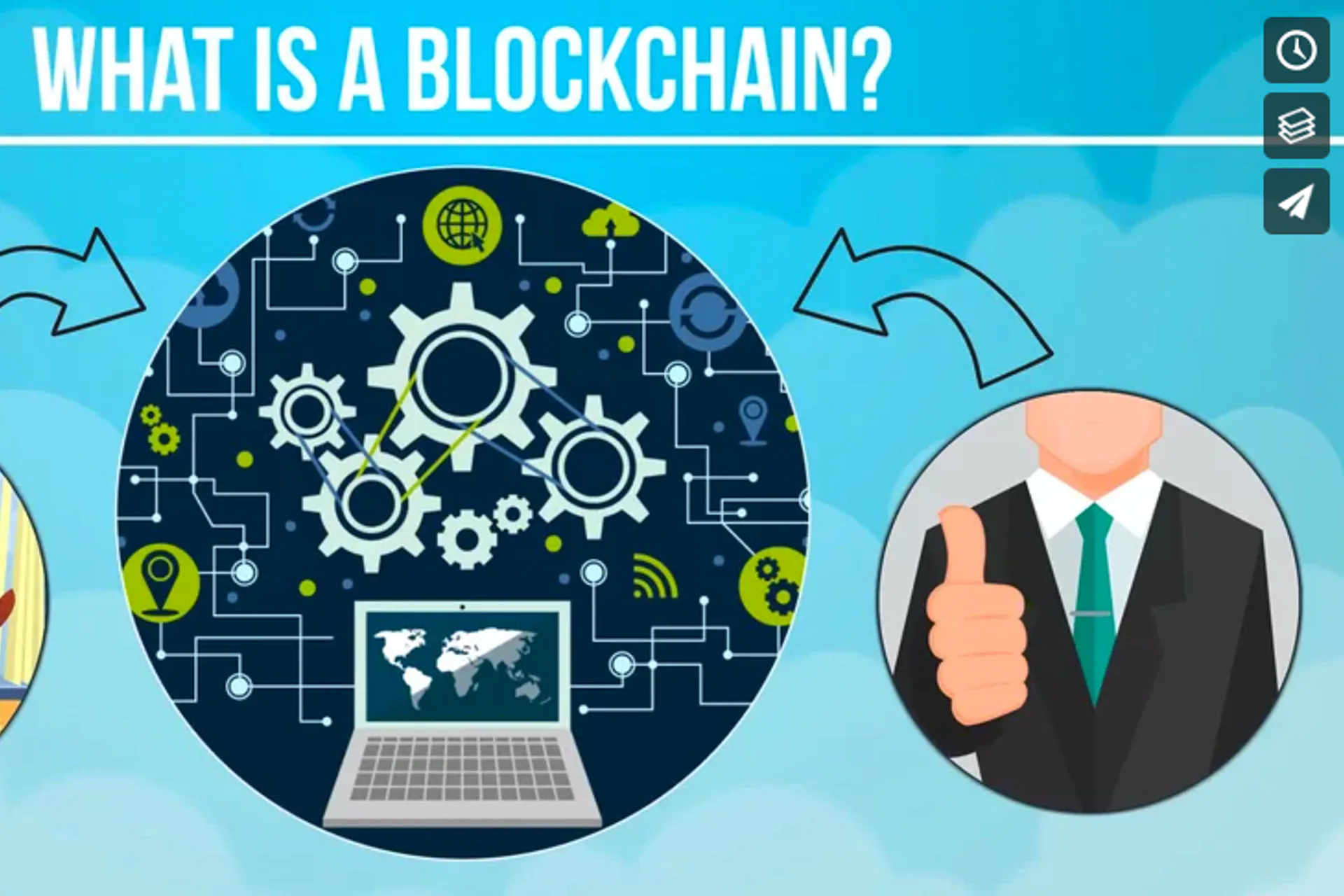 What Is a Blockchain graphic connecting people, a network and a business figure