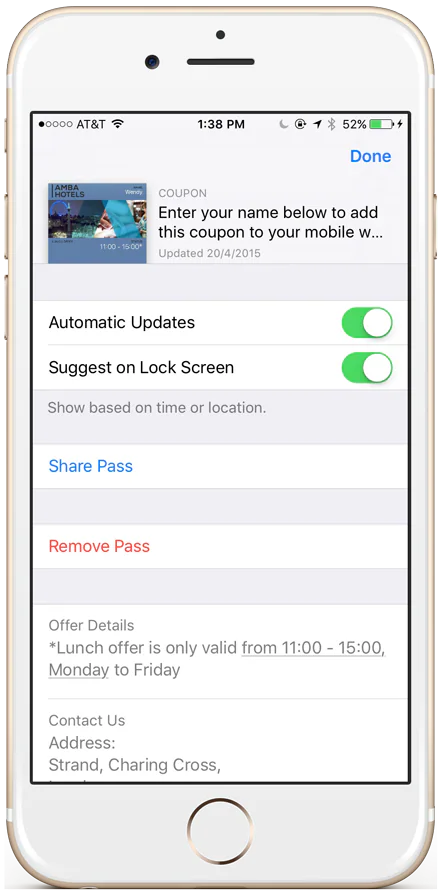Back of an Apple Wallet coupon showing sharing, update and removal controls