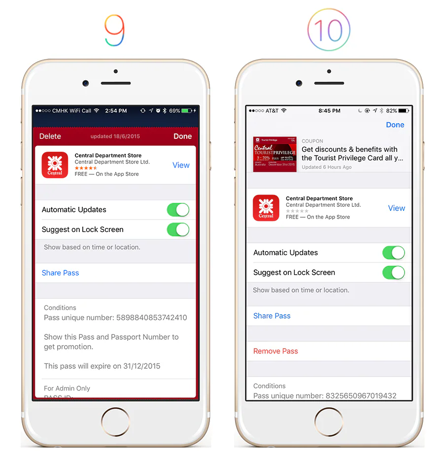 Comparison of Apple Wallet pass details in iOS 9 and iOS 10