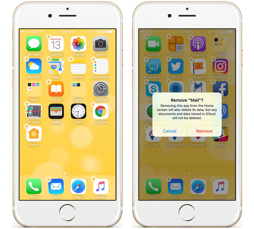 Two iPhones showing the home screen and a confirmation to remove Mail
