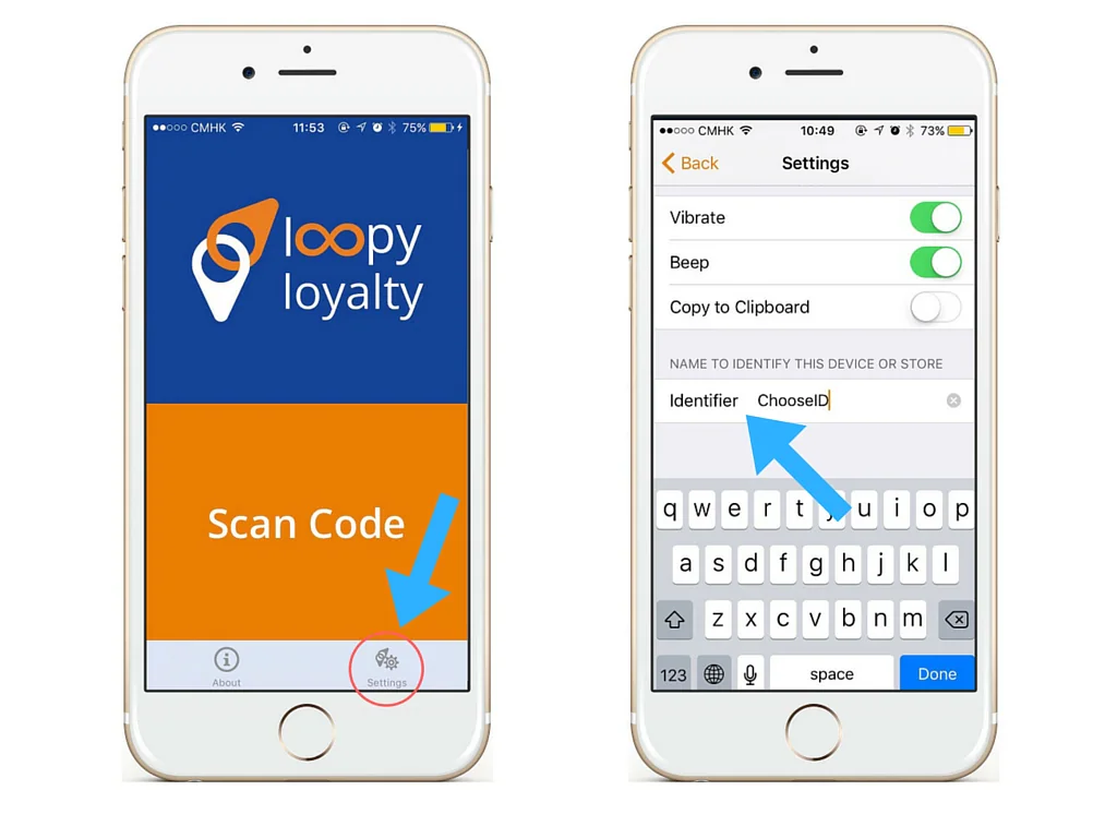 Loopy Loyalty Stamper app showing the settings button and device identifier field